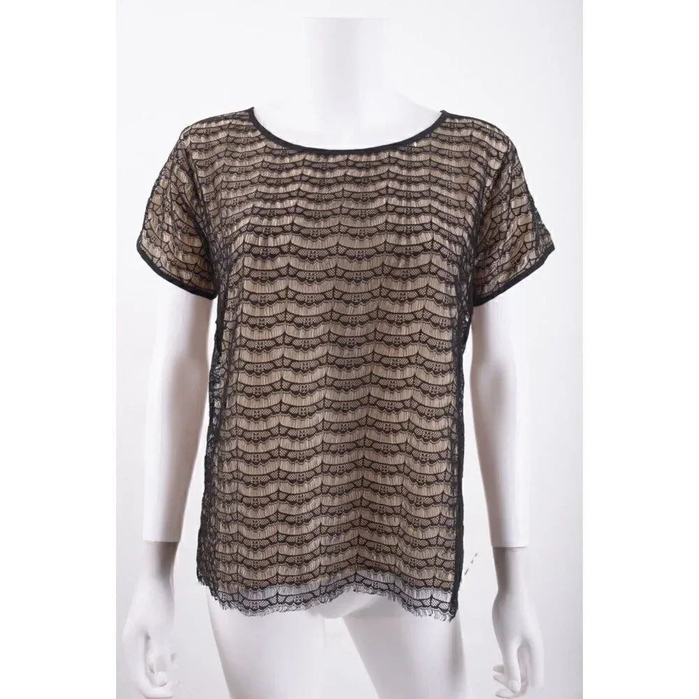 J.Crew Womens Blouse Top Shirt Lace Black Nude Sz S Small short sleeved